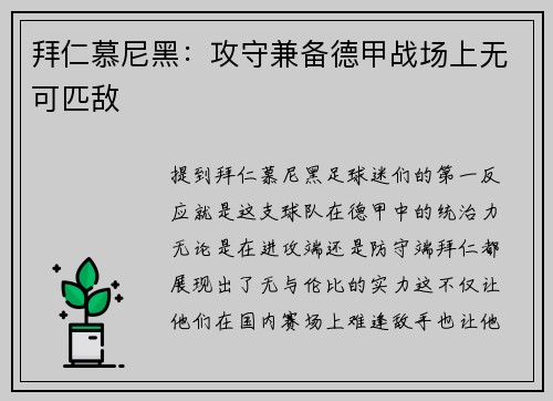 拜仁慕尼黑:攻守兼备德甲战场上无可匹敌