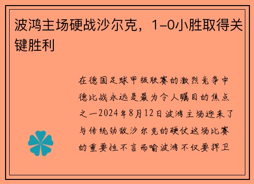 波鸿主场硬战沙尔克，1-0小胜取得关键胜利
