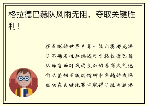 格拉德巴赫队风雨无阻,夺取关键胜利!